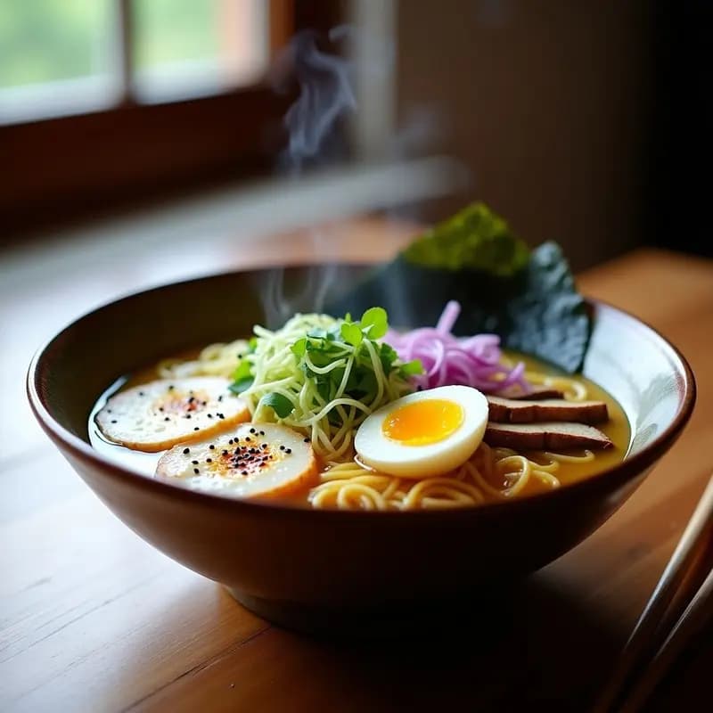 Cuenco hondo de ramen vegano con caldo dorado, fideos al dente, rodajas de pepino encurtido en miso (misozuke), huevo marinado de tofu amarillento, champiñones shiitake, brotes de soja, cebolla morada y algas nori. Espolvoreado con semillas de sésamo negro y aceite de sésamo tostado.