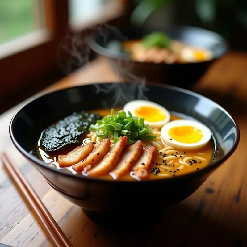 Bol hondo de cerámica negra con ramen de pollo y champiñones en airfryer, sin fideos. Incluye tiras de pollo dorado, champiñones shiitake brillantes, medio huevo con yema cremosa, algas nori en tiras y semillas de sésamo espolvoreadas. Caldo umami humeante y cebollino fresco como decoración. Foto en ángulo cenital con luz natural.