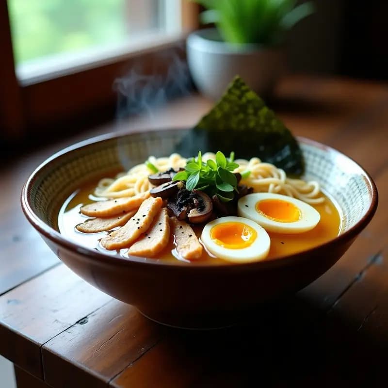 Cuenco hondo de cerámica blanca con ramen de pollo y misoshiru, fideos de chirivía pálidos, caldo dorado espeso, trozos de pollo desmenuzado, medio huevo con yema cremosa, hongos shiitake, algas wakame y decoración de cebollino y semillas de sésamo negro. Plato japonés bajo en calorías en olla lenta.