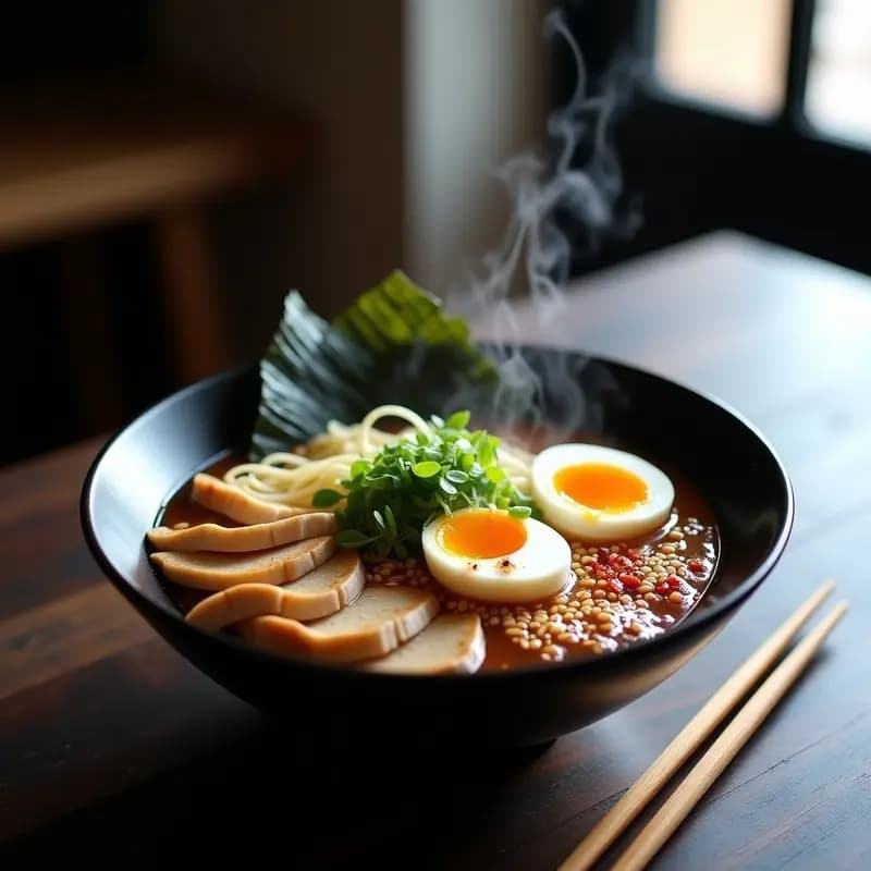 Cuenco hondo de cerámica negra con ramen de pollo y hongos enoki con huevo marcado, caldo dorado y umami, cebolla verde, algas wakame y aceite de sésamo, sobre fondo de madera oscura.
