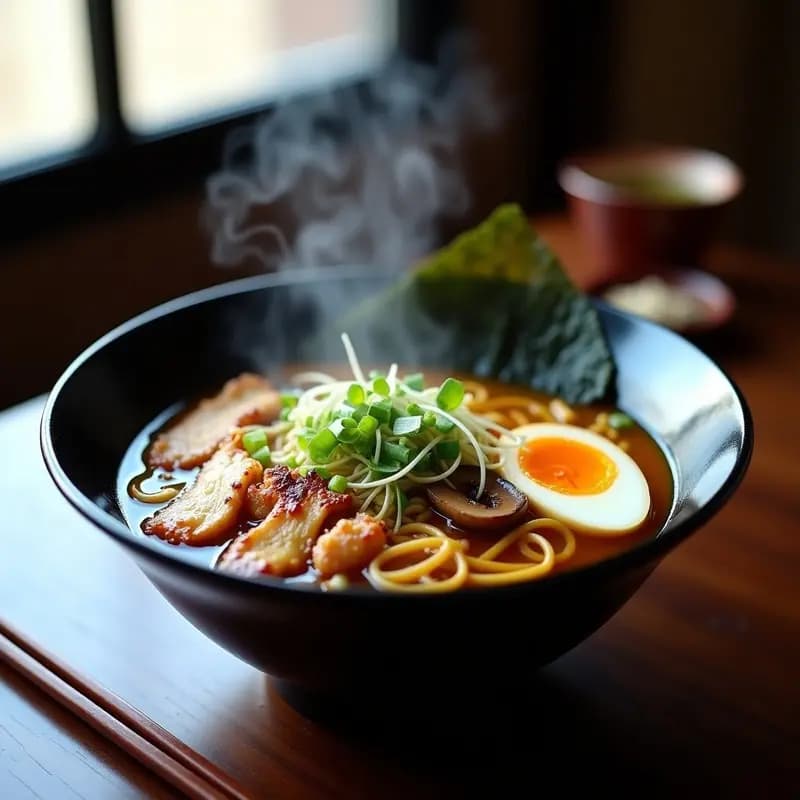 Cuenco hondo de cerámica negra con ramen de pollo y hongos shitake, caldo umami espumoso, fideos dorados, huevo marinado cortado por la mitad, hongos shitake salteados, brotes de soja, cebollino y alga nori, decorado con pimienta de Sichuan.