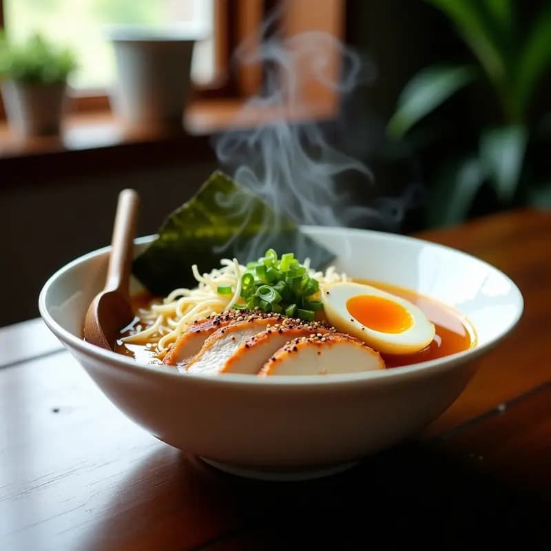 Cuenco hondo negro con ramen de pollo y huevo marinado con especias japonesas, caldo dorado humeante, fideos ramen, trozos de pollo, medio huevo marinado en shoyu partido, copos de nori, semillas de sésamo y brotes de soja. Receta Thermomix en 20 minutos.