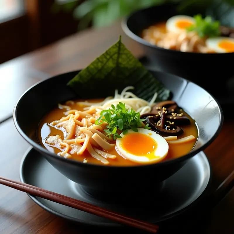 Cuenco hondo de cerámica negra con ramen japonés de pollo desmenuzado, huevo marinado cortado por la mitad mostrando yema cremosa, champiñones shiitake, fideos shirataki, algas nori y decoración de cebollino y semillas de sésamo. Caldo dorado y humeante con aceite de sésamo brillante en la superficie.
