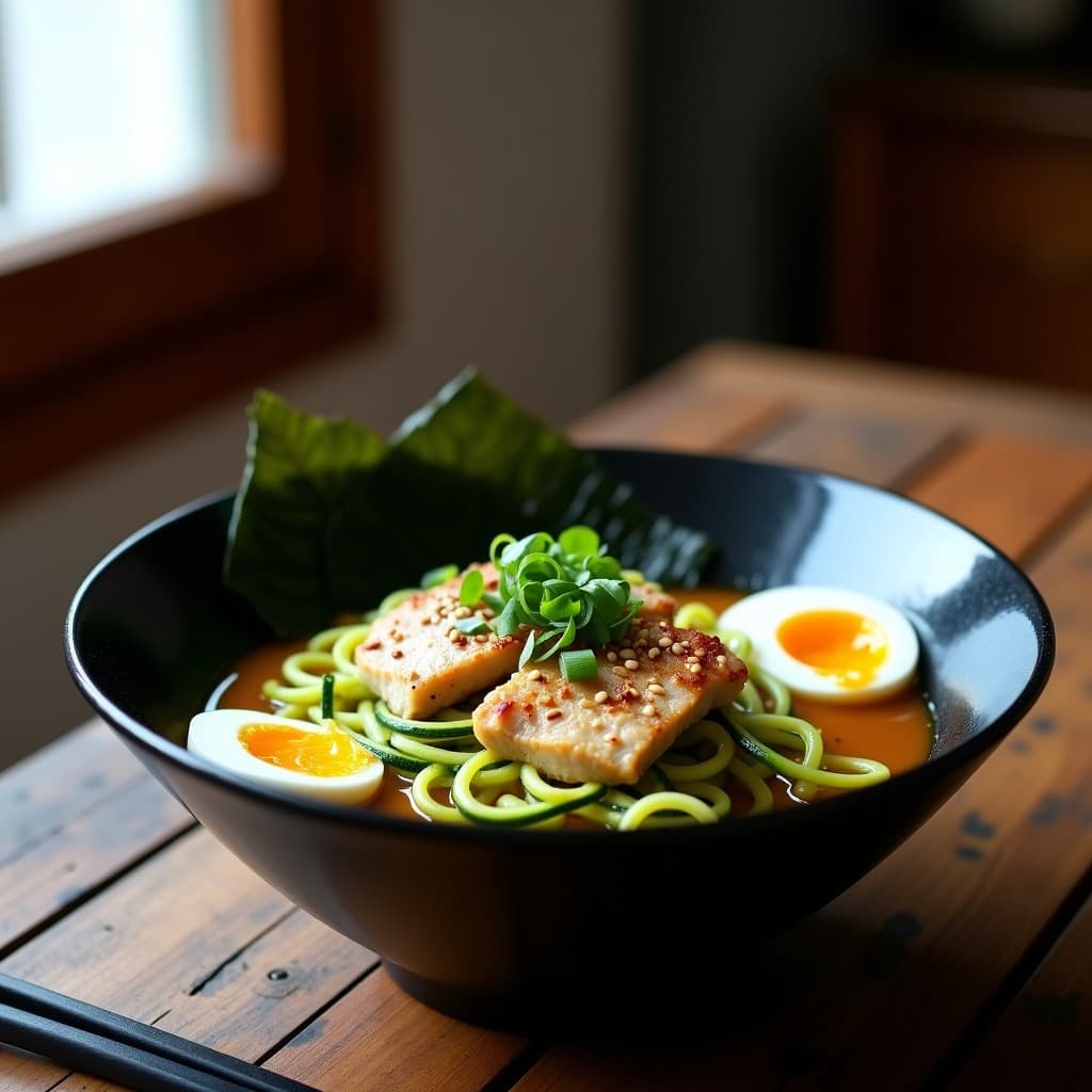 Cuenco hondo de cerámica negra con ramen keto de pollo, fideos de calabacín verdes en espiral, trozos de pechuga, huevo escalfado partido, algas nori y semillas de sésamo. Fondos de caldo dorado y cebollino picado, servido sobre mesa de madera.