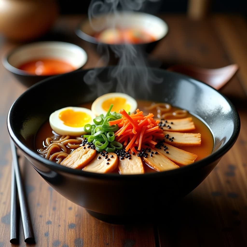 Cuenco hondo de cerámica negra con ramen de pollo y kimchi, fideos integrales sumergidos en caldo dorado, trozos de pollo, medio huevo con yema cremosa, kimchi rojo vibrante y semillas de sésamo. Plato coreano alto en proteína servido con palillos y cuchara.
