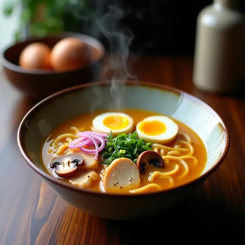 Bol de ramen japonés con caldo dorado y espumoso, fideos ramen sin gluten, trozos de pollo tierno, hongos shiitake, huevos de codorniz y cebollino picado. Destaca el toque ácido y especiado del kokum, con un hilo de aceite de sésamo brillando en la superficie.