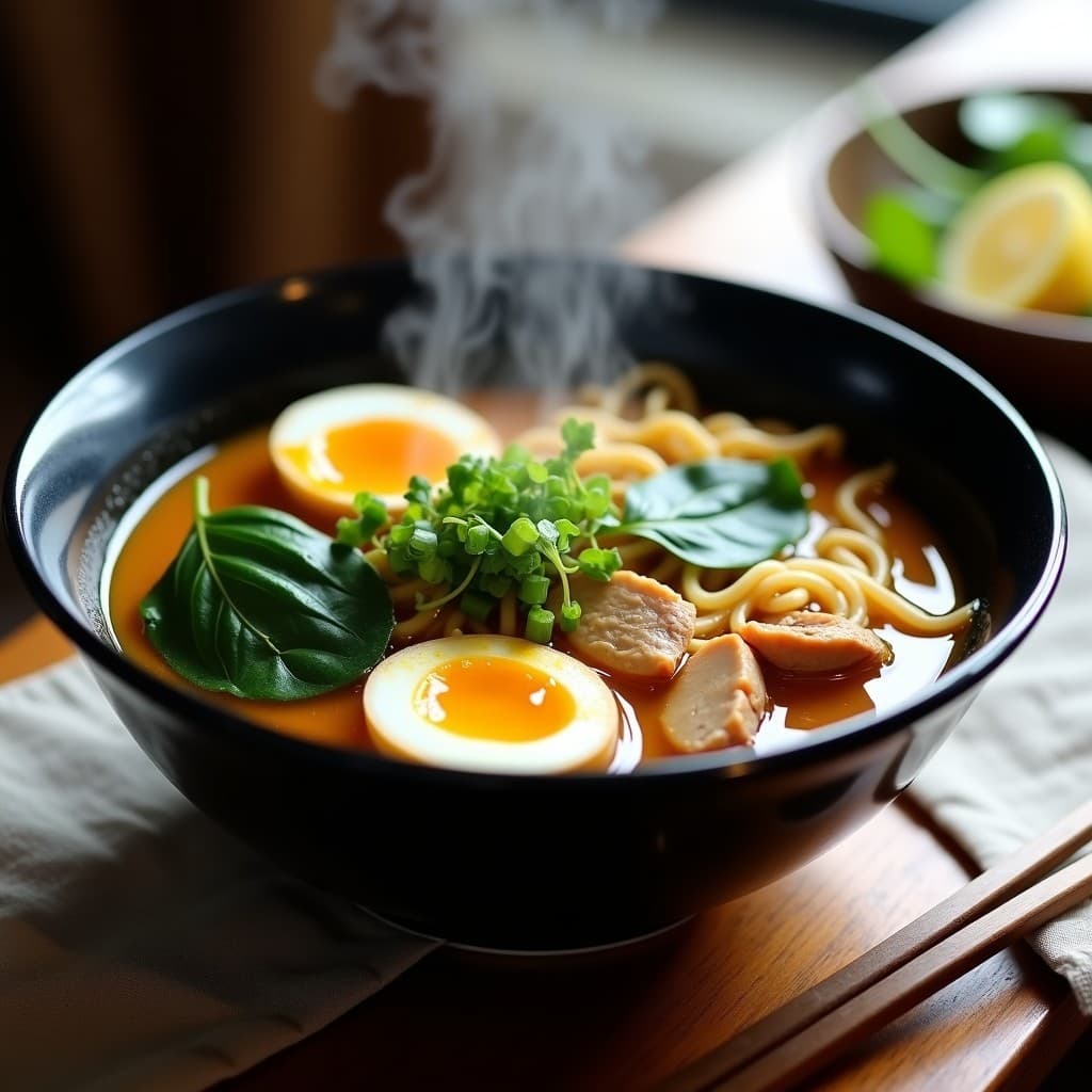 Cuenco hondo negro con ramen de pollo y kokum, caldo dorado con trozos de pollo desmenuzado, fideos ramen, espinacas, medio huevo campero con yema líquida y cebollino fresco. Rodaja de limón al lado. Receta india en olla express con toque ácido único.