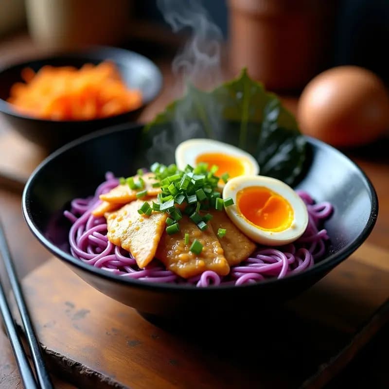 Cuenco negro humeante con ramen de fideos violetas de batata morada, caldo dorado de miso, trozos de pollo marinado en ají amarillo, huevo marinado partido por la mitad con yema líquida, alga nori y cebollino fresco. Receta fusion japonesa-peruana viral.