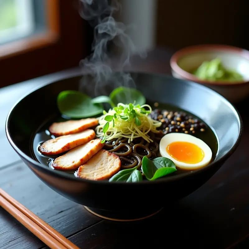 Cuenco hondo de cerámica negra con ramen de pollo, caldo de miso negro y espirulina, fideos de trigo sarraceno, huevo cortado por la mitad, hongos shiitake, espinacas y semillas de sésamo negro. Plato japonés supernutritivo con colores vibrantes y presentación cuidada.
