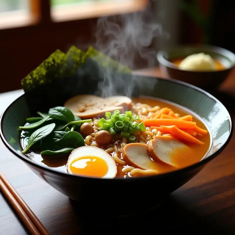 Bol de ramen japonés con caldo dorado de pollo y misozu, fideos shirataki transparentes, pollo desmenuzado, huevo marinado con yema líquida, espinacas, zanahoria y hongos shiitake. Decorado con algas nori, cebollino y semillas de sésamo negro.