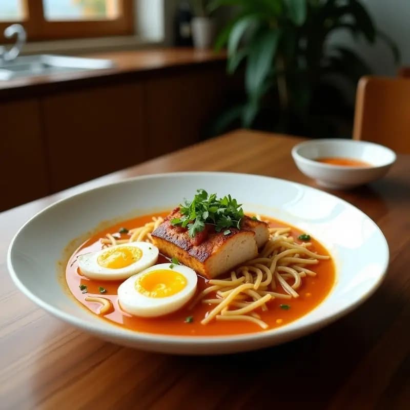 Cuenco hondo de cerámica negra con ramen de pollo y misozuke, huevos marinados cortados por la mitad, champiñones shiitake, brotes de soja y cebollino. Caldo espeso de miso blanco con reflejos dorados del aceite de sésamo. Plato tradicional japonés reconfortante.
