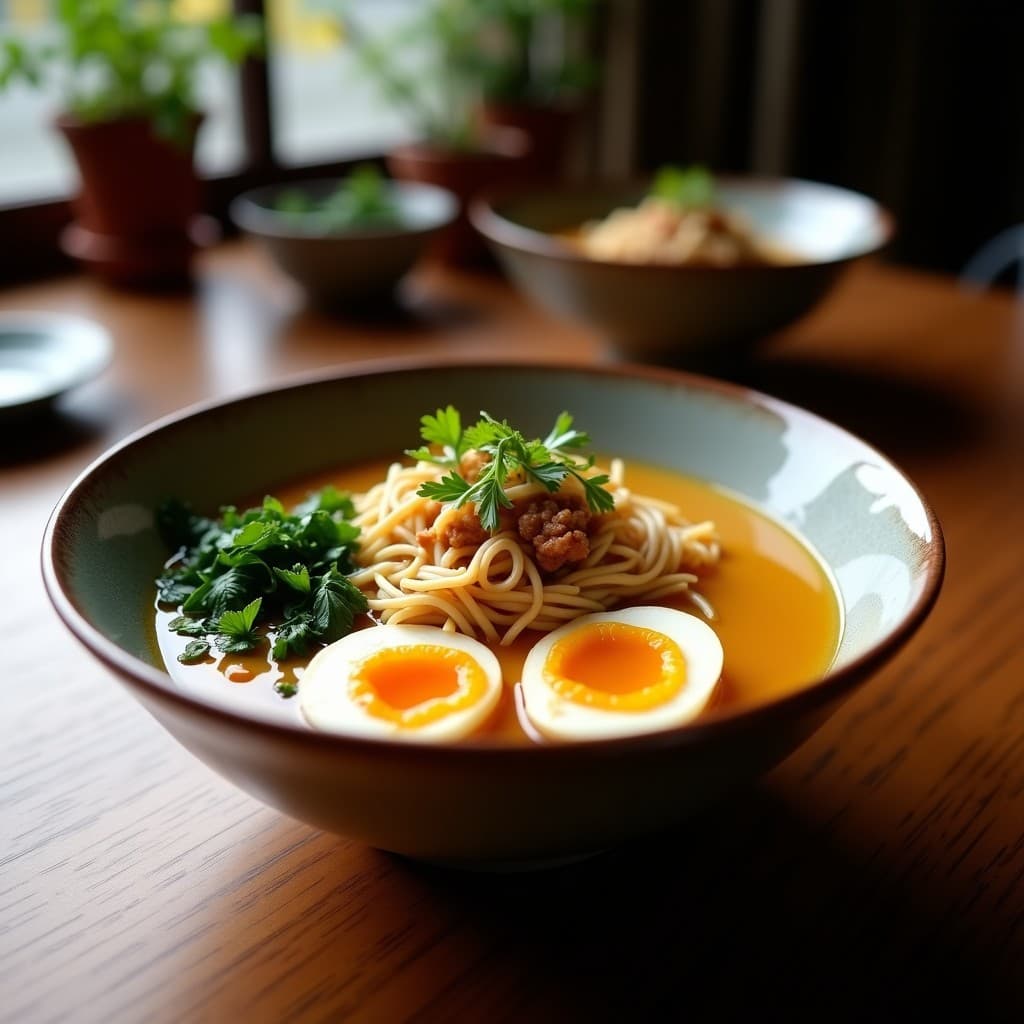 Cuenco hondo de cerámica negra con ramen de pollo y misozuke, fideos dorados bañados en caldo transparente, trozos de pollo caramelizado, rodajas de misozuke, huevo marinado partido, brotes de soja, cebolla morada y algas nori, decorado con semillas de sésamo negro y cebollino picado.