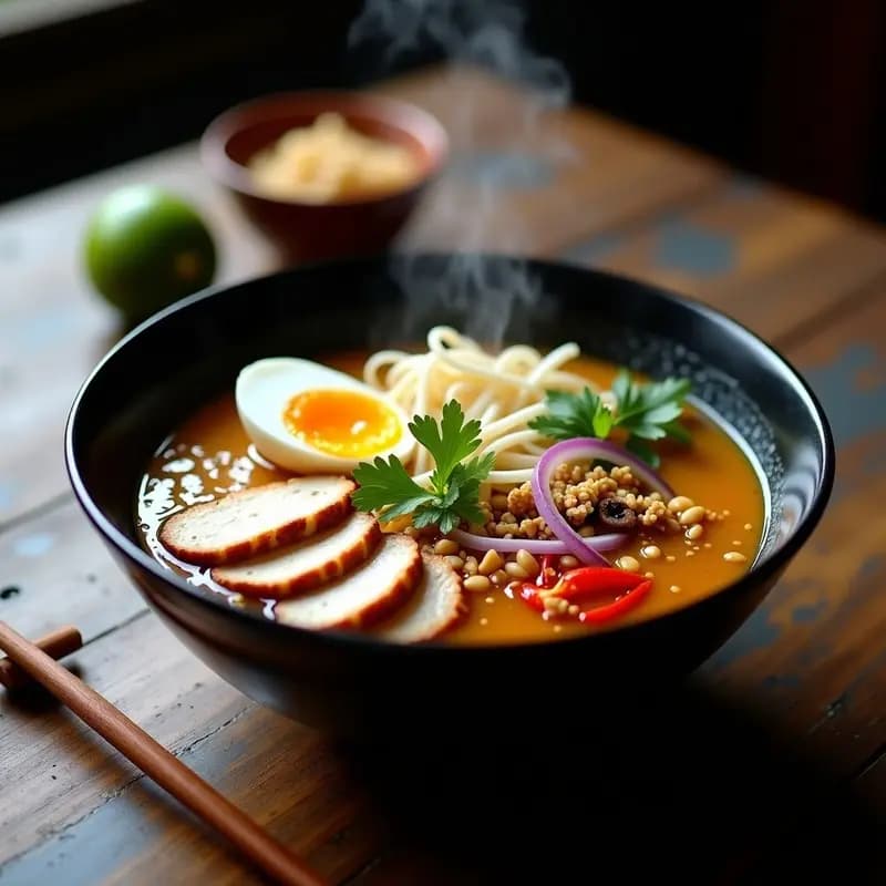 Cuenco hondo de cerámica negra con ramen de pollo al gusto tailandés, caldo dorado con lemongrass, fideos de arroz gruesos, huevo marinado, cacahuetes tostados y hierbas frescas, sobre fondo de madera rústica.