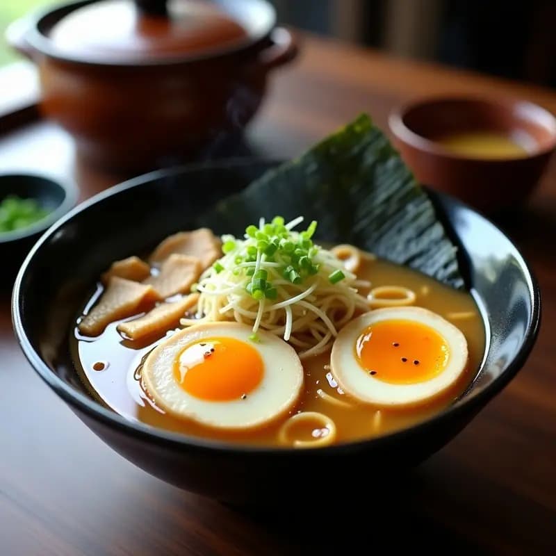 Cuenco hondo de cerámica negra con ramen de pollo tonkotsu, caldo espeso y cremoso, fideos ramen frescos, huevos ajitsuke cortados por la mitad mostrando yema amarilla brillante, trozos de pollo desmenuzado, brotes de soja, cebolleta verde, láminas de nori y semillas de sésamo. Fondos de cocina japonesa tradicional con olla de barro al fondo.