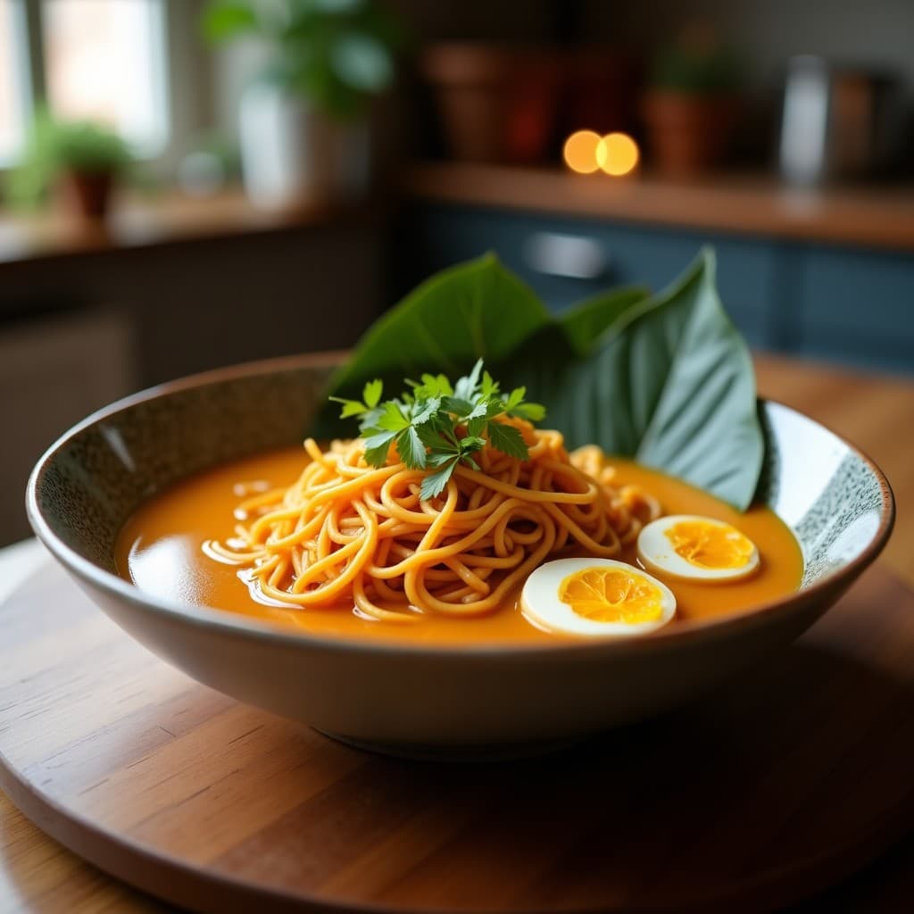 Bowl negro de ramen vegano de calabaza y leche de coco, con caldo cremoso color naranja, fideos de arroz, tofu dorado, champiñones shiitake, brotes de soja, cebollino y semillas de sésamo negro. Decorado con alga nori en tiras.