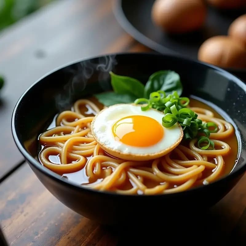 Bowl de ramen vegano con caldo dorado, fideos ramen sin gluten, champiñones shiitake laminados, huevo de lino gelificado en el centro, brotes de soja, cebollino picado y un hilo de aceite de sésamo tostado. Plato japonés alto en proteína.