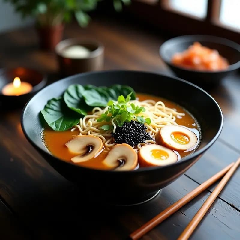 Cuenco negro hondo con ramen vegano de miso, caldo dorado y espumoso, fideos ramen, champiñones shitake laminados, espinacas verdes, tofu dorado, brotes de soja, semillas de sésamo negro y cebollino picado. Fondo de madera oscura con velas japonesas.