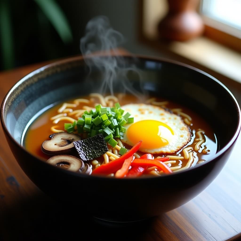 Cuenco hondo de cerámica negra con ramen vegano de miso y setas shiitake en olla express, caldo dorado espeso, fideos al dente, huevo de lino esponjoso, algas nori, brotes de soja, cebollino y semillas de sésamo negro, sobre fondo de madera oscura.