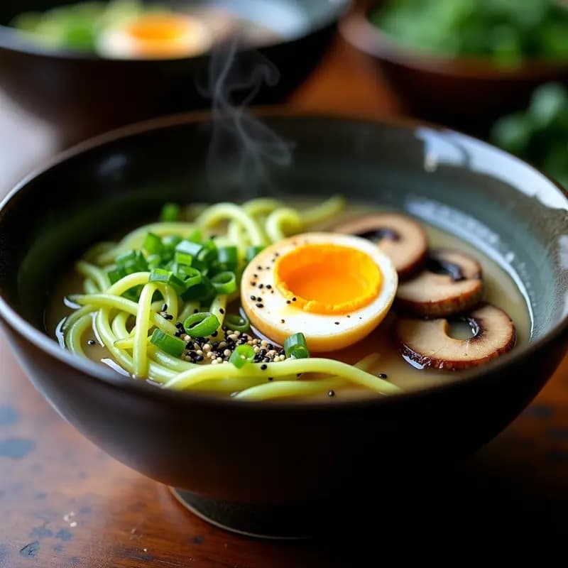 Bol de ramen low-carb con zoodles de calabacín, champiñones shitake en caldo de miso espumoso, huevo marinado cortado por la mitad y decorado con semillas de sésamo negro y cebollino fresco, servido sobre mesa de madera oscura.