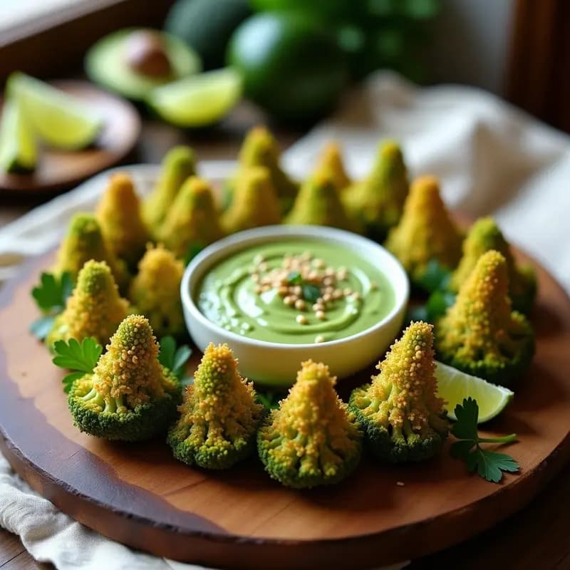 Plato blanco con ramos de brócoli dorados en forma de árbol, acompañados de un dip cremoso verde de aguacate y lima en un cuenco pequeño, decorado con semillas de sésamo. Presentación instagrameable y colorida, aperitivo crujiente y saludable.