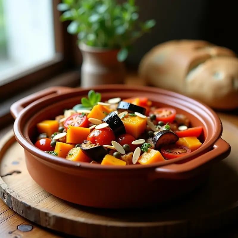 Cazuela de barro con ratatouille provenzal con calabaza, berenjena, pimiento y tomate, espolvoreada con almendras y alcaparras, sobre fondo rústico de madera.