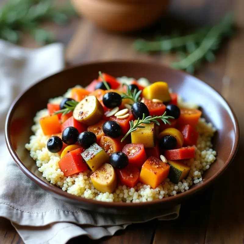 Plato hondo de barro con ratatouille provenzal colorida sobre un lecho de quinoa blanca, decorado con almendras fileteadas y hojas de tomillo fresco. Receta vegana y alta en fibra.