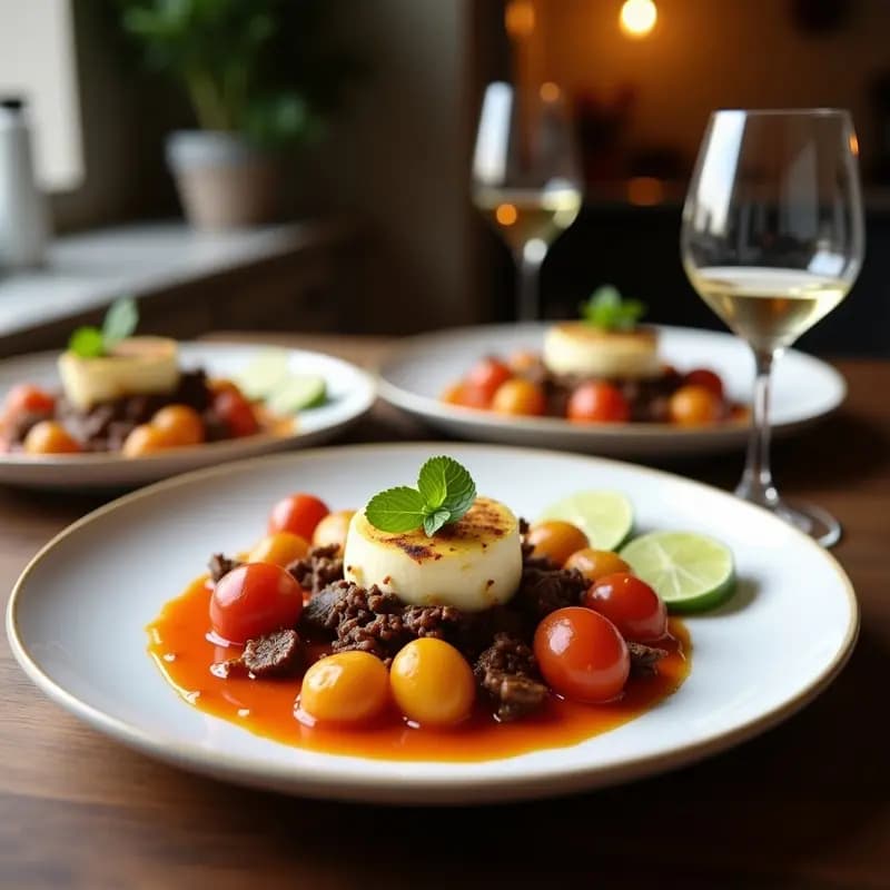Plato hondo de cerámica blanca con ratatouille vegana de verduras en cubos coloridos, desmenuzado queso de cabra vegano por encima y hojas frescas de albahaca. Acompañado de un hilo de aceite de oliva y semillas de sésamo tostadas.