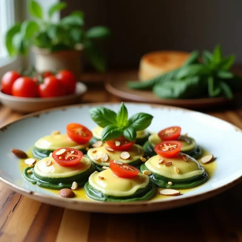 Plato blanco con ravioli de calabacín rellenos de requesón y espinacas, decorados con tomates cherry, almendras tostadas y hojas de albahaca, receta italiana sin gluten.