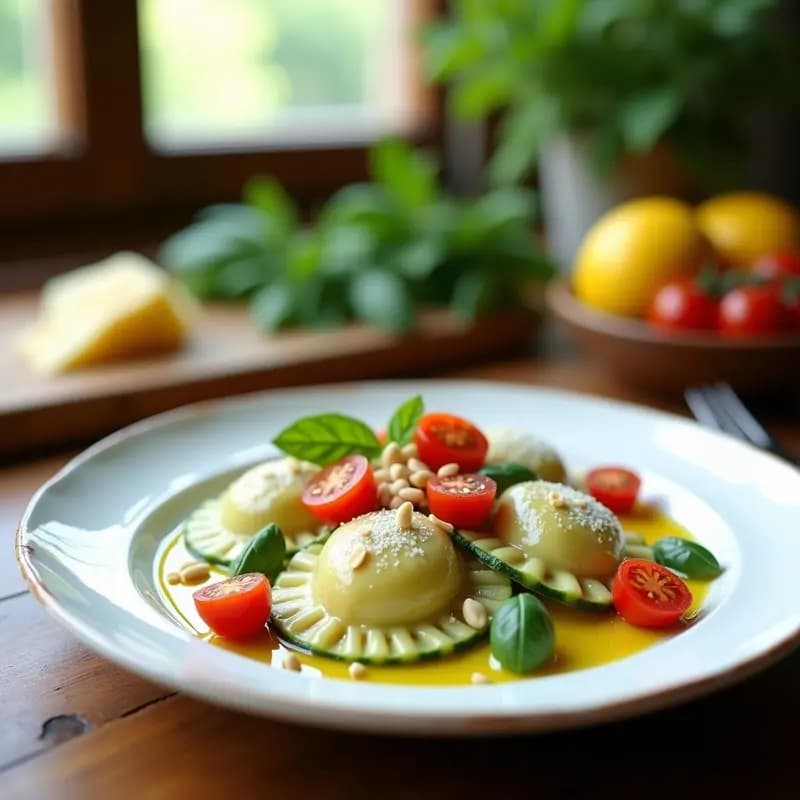 Plato blanco con ravioli de calabacín y ricota sin pasta tradicional, decorados con tomates cherry, piñones tostados y hojas de albahaca fresca. Receta italiana de verano ligera y fresca.