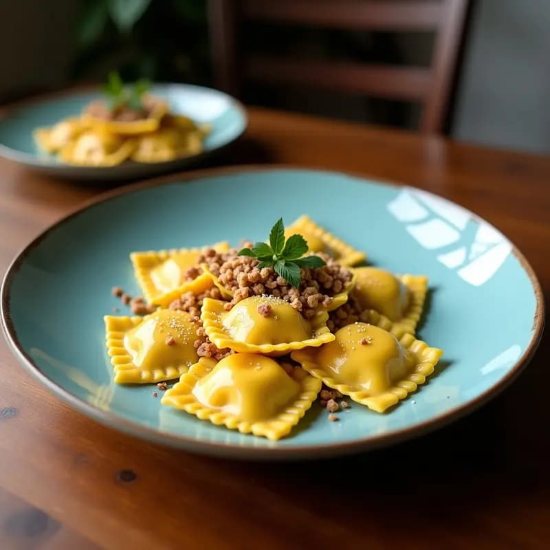 Plato blanco con ravioli de calabaza y gorgonzola dorados en Airfryer, bañados en salsa de mantequilla de salvia y nueces tostadas, sobre fondo rústico de madera con hojas de salvia fresca.