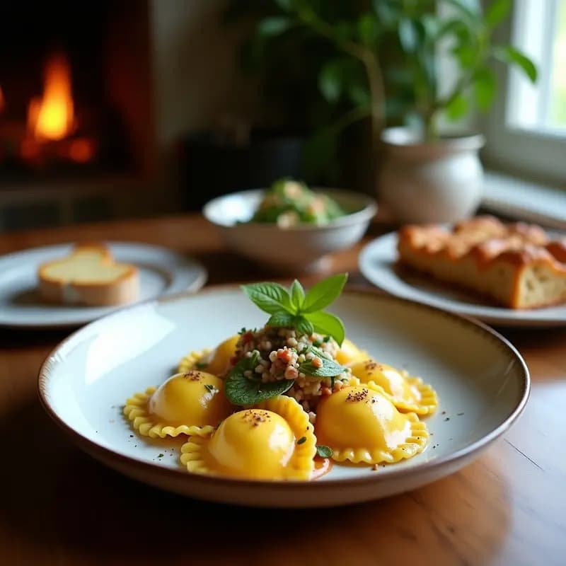 Plato blanco con ravioli de calabaza y ricotta bañados en mantequilla salada dorada, decorados con hojas de salvia crujientes y virutas de parmesano, sobre fondo rústico de madera.