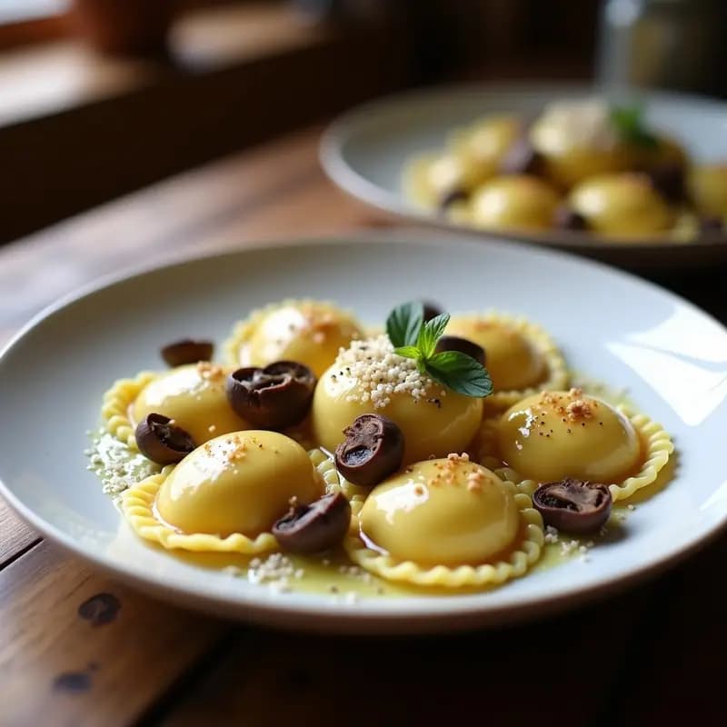Plato blanco con ravioli de hongos porcini y trufa negra, bañados en una salsa cremosa dorada con almendras fileteadas y láminas de trufa, servidos sobre un mantel rústico de lino.