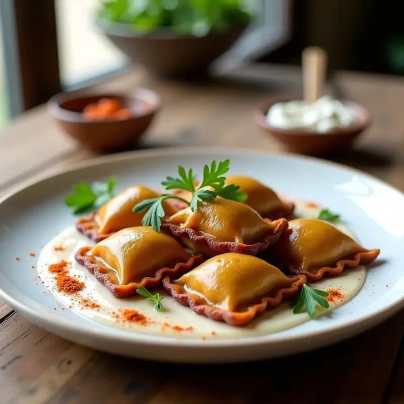 Plato blanco con raviolis de batata morada y espinaca dorados en airfryer, servidos con salsa de yogur vegano y decorados con pimentón y perejil fresco.