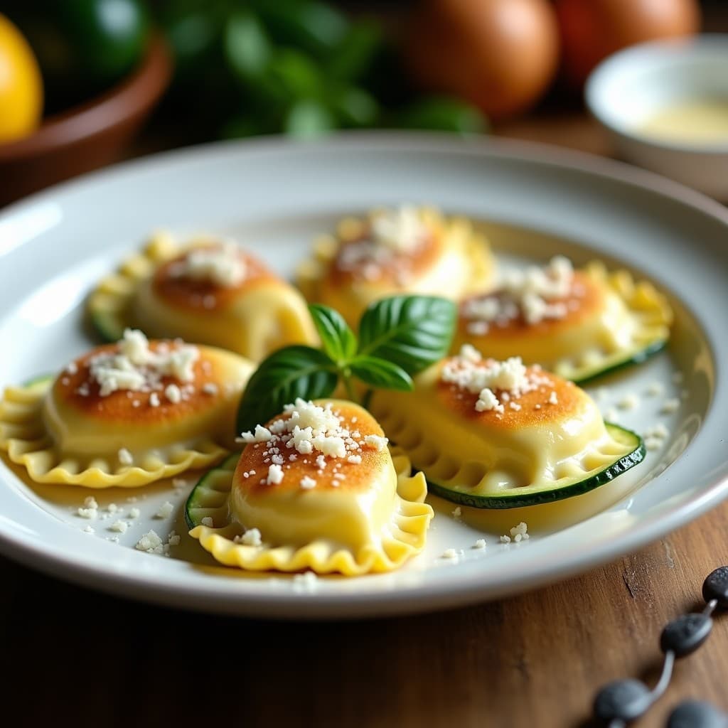 Raviolis de calabacín y ricotta keto en airfryer, dorados y crujientes, servidos en plato blanco con hojas de albahaca fresca y queso parmesano rallado.