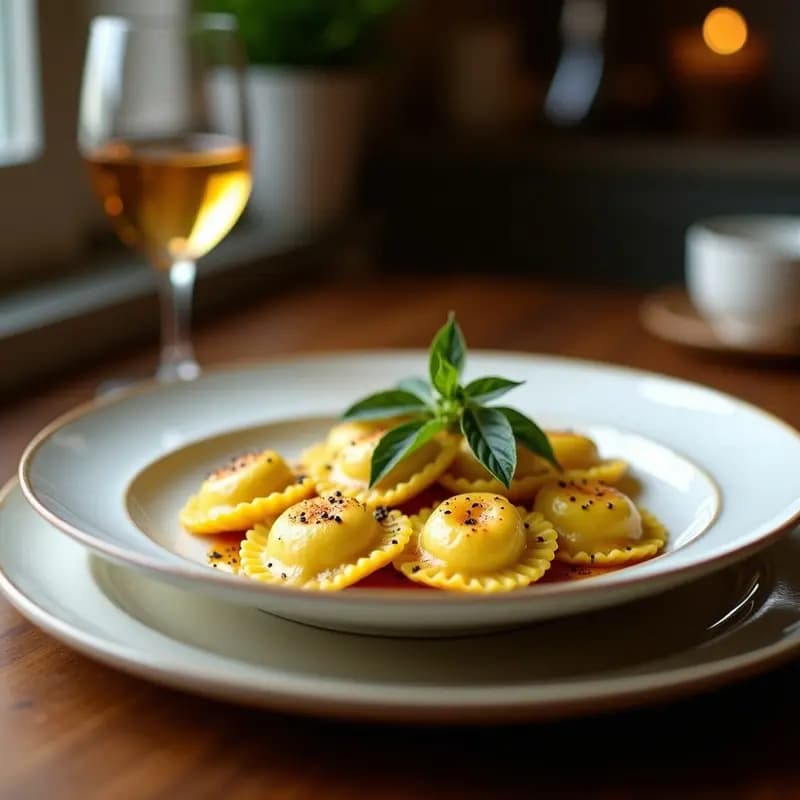Plato blanco elegante con raviolis de calabaza y gorgonzola dispuestos en círculo, bañados en salsa de mantequilla y salvia, decorados con nueces caramelizadas y virutas de parmesano. Toque dulce-salado visible en cada bocado.