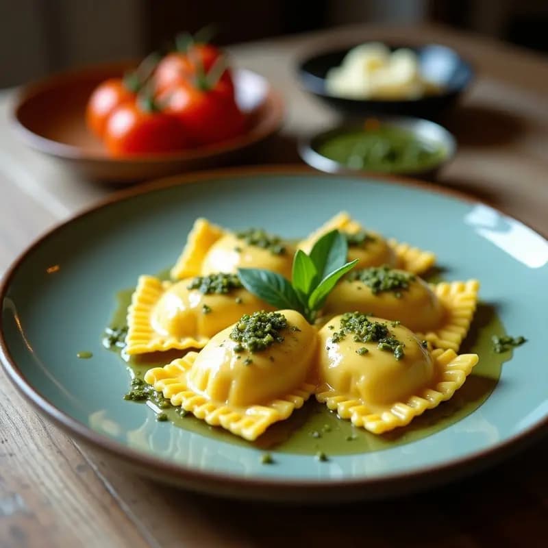 Plato blanco con raviolis de calabaza y queso de cabaña bañados en salsa de salvia dorada, decorados con hojas frescas de salvia y semillas de calabaza tostadas. Receta argentina tradicional en olla.