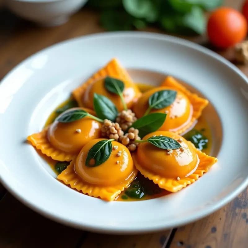 Plato blanco elegante con raviolis de camote y espinacas veganos, bañados en salsa de nuez cremosa, decorados con nueces picadas y hojas de espinaca fresca.