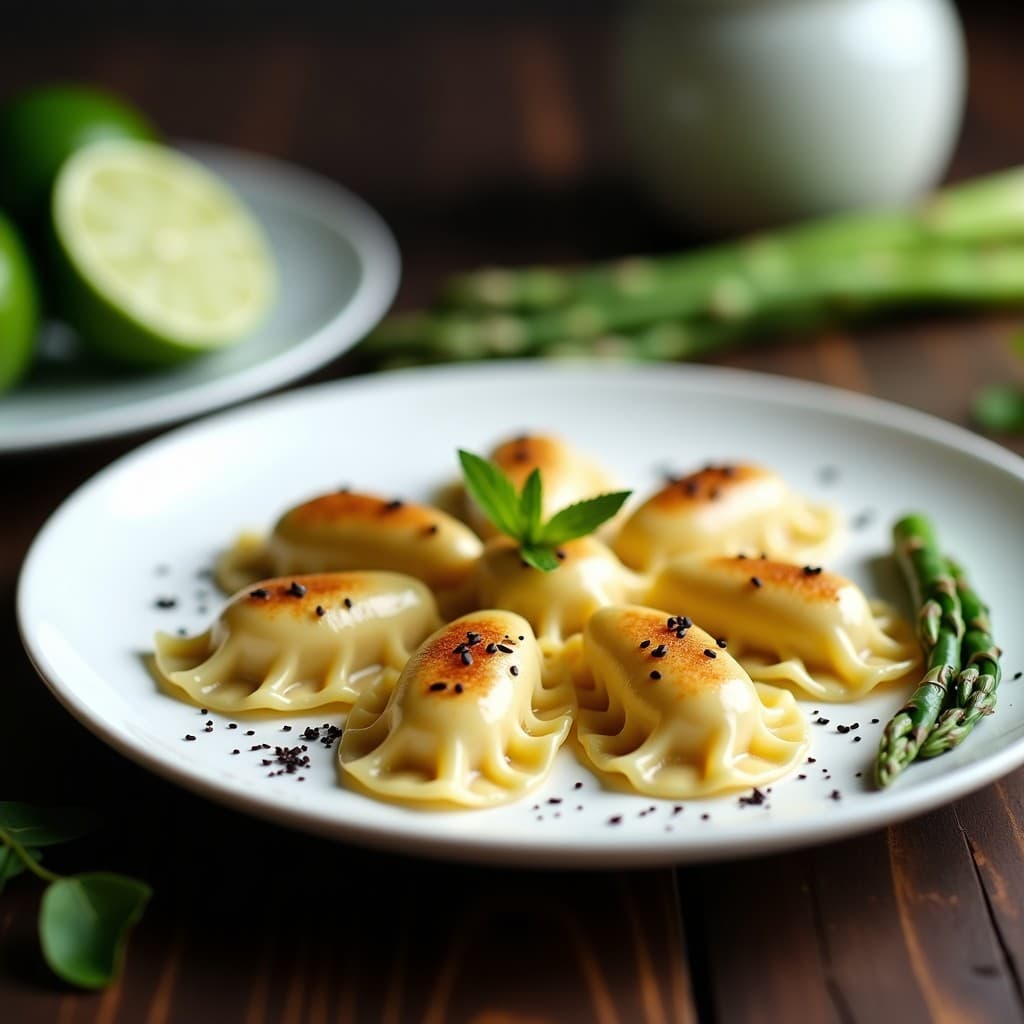 Plato blanco con raviolis de masa de konjac rellenos de espárrago triguero, dorados por fuera, servidos con semillas de sésamo negro, copos de alga nori y decorados con rodajas de lima. Receta japonesa sin carbohidratos, keto y vegana.