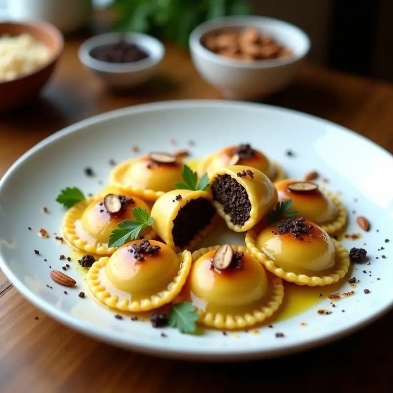 Plato blanco con raviolis de mandioca dorados y crujientes, rellenos de hongos shiitake y trufa, decorados con hojas de albahaca fresca y un hilo de aceite de trufa negra. Receta brasileña sin gluten en airfryer.