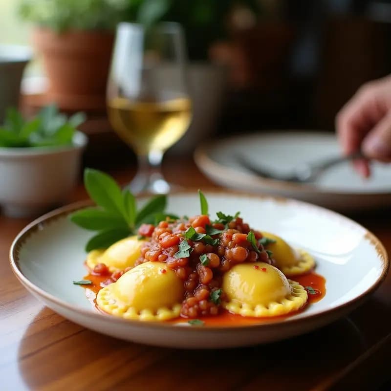 Plato blanco elegante con raviolis de queso de cabra y higo bañados en salsa de nueces doradas, decorados con láminas de higo fresco y hojas de salvia, servidos sobre un mantel rústico de lino.