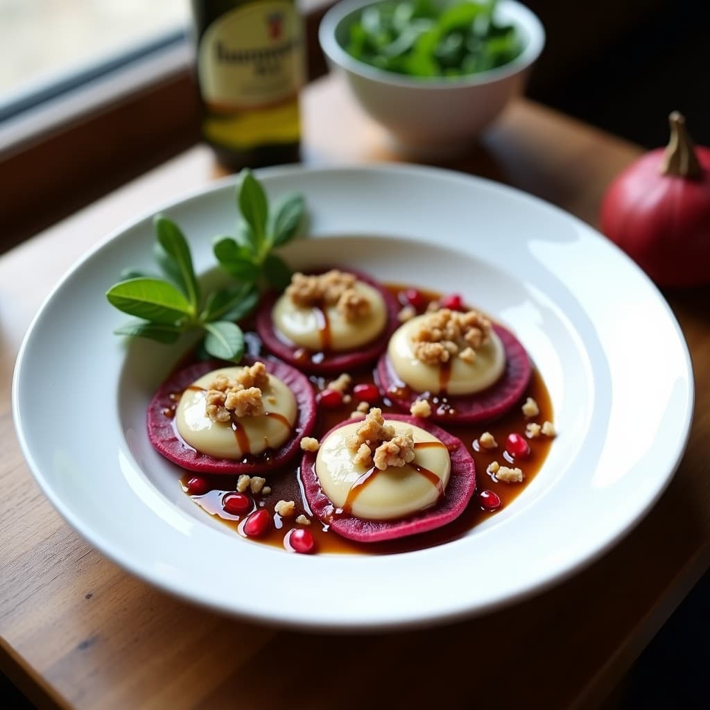 Plato blanco con raviolis de remolacha y queso de cabra, bañados en salsa de nueces cremosa, decorados con nueces picadas y un hilo de crema de vinagre balsámico, sobre fondo rústico de madera.