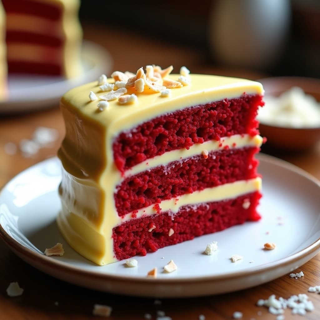 Red Velvet Keto en capas con crema de queso de cúrcuma amarilla, cortado en porción sobre plato blanco, con textura esponjosa y decoración mínima. Postre sin azúcar y sin harina.