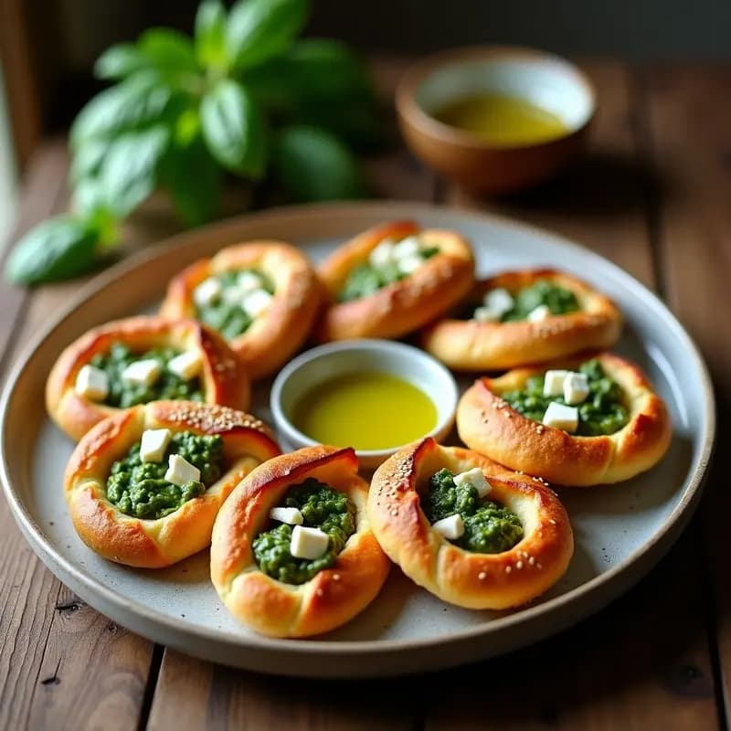 Regañás doradas y crujientes rellenas de pesto de albahaca verde vibrante y queso feta desmenuzado, servidas en una bandeja de madera rústica con semillas de sésamo espolvoreadas, aperitivo argentino gourmet.