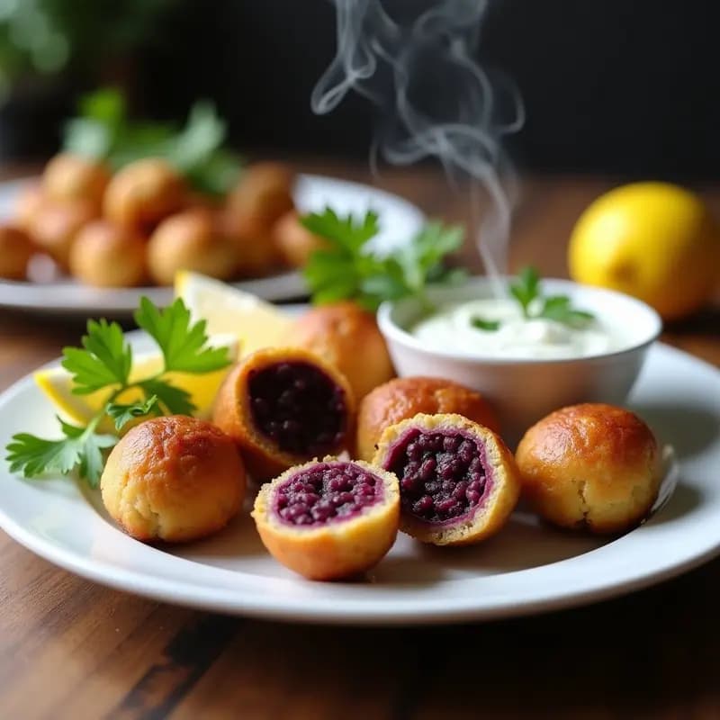 Rellenas de papa morada y picadillo de lentejas cubanas veganas y sin gluten, doradas y crujientes, servidas en plato blanco con hierbas frescas y salsa de yogur de coco al lado.