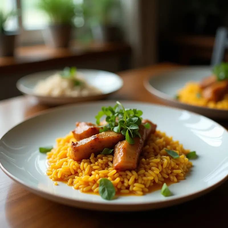 Plato hondo de barro negro con Rendang de Jackfruit y Lemongrass vegano, salsa oscura y espesa cubriendo trozos de jackfruit desmenuzado, acompañado de arroz jazmín blanco y decorado con cilantro fresco y gajos de limón verde. Receta indonesia en olla lenta.