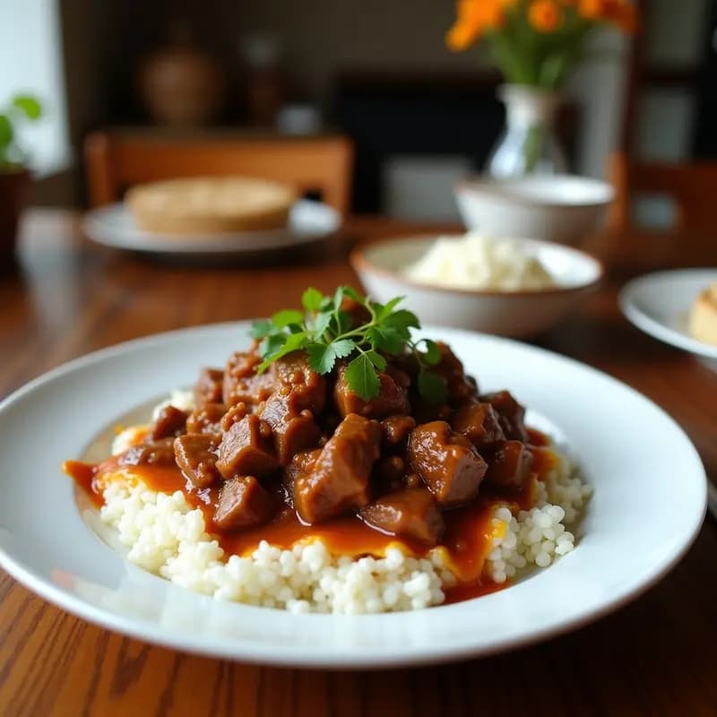 Plato tradicional indonesio de rendang de ternera en salsa espesa de leche de coco y especias, con trozos tiernos de carne oscura, decorado con cilantro fresco y rodajas de limón sobre un fondo de madera rústica.