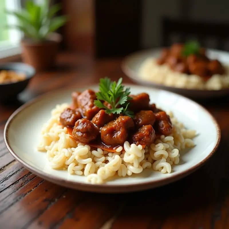Plato hondo de barro con Rendang de Ternera con Leche de Coco, estofado oscuro y brillante con trozos de carne tierna, espolvoreado con nueces de macadamia picadas y rodeado de hojas de kaffir y rodajas de lima. Receta indocia slow cooker auténtica.