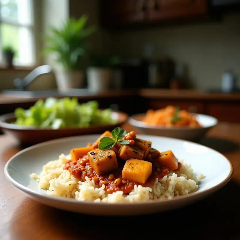 Plato hondo de cerámica oscura con rendang de tofu y coco vegano, salsa espesa y oscura cubriendo cubos dorados de tofu, decorado con cacahuetes triturados y hojas de lima kaffir, acompañado de arroz jazmín y rodajas de limón.