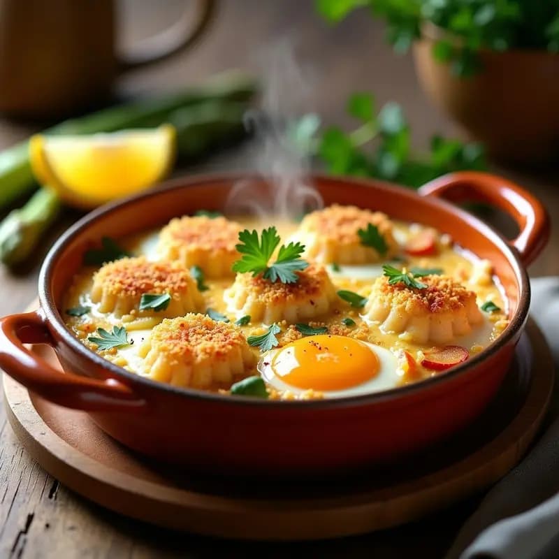 Cazuela de barro humeante con pepitoria de espárragos blancos y gambas, huevos escalfados con yema líquida y perejil fresco espolvoreado, receta tradicional de primavera.
