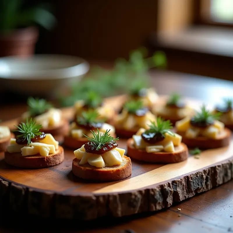 Canapés escoceses gourmet Retriever de Pollo Ahumado y Queso Azul sobre pan de centeno tostado, con mermelada de cebolla caramelizada y nueces picadas, servidos en bandeja de madera rústica.